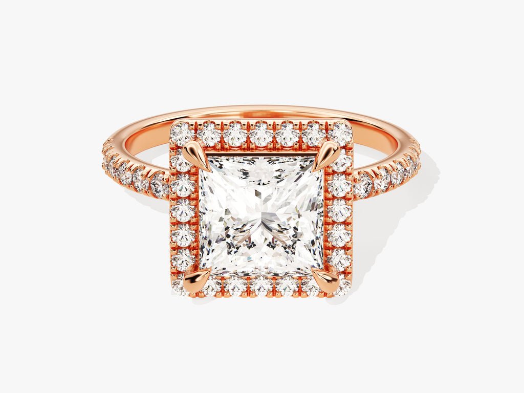 Princess pave lab grown diamond ring side profile in gold setting