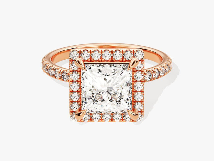Princess pave lab grown diamond ring side profile in gold setting
