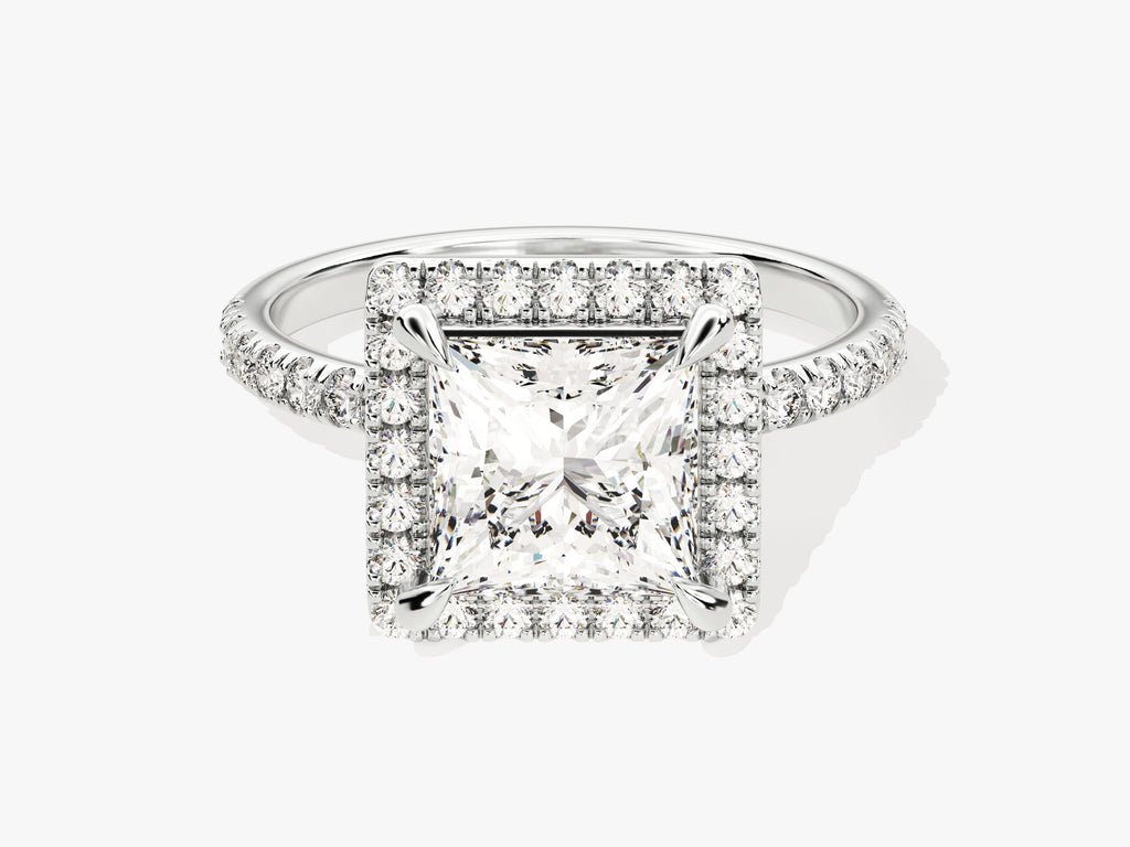 Detailed close-up of princess pave diamond engagement ring