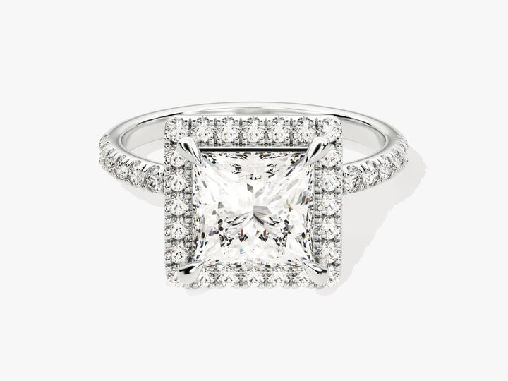 Detailed close-up of princess pave diamond engagement ring