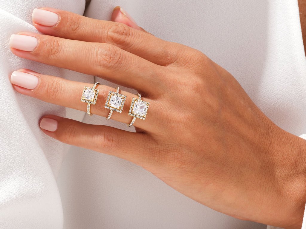 Princess cut engagement ring side view showing band detail