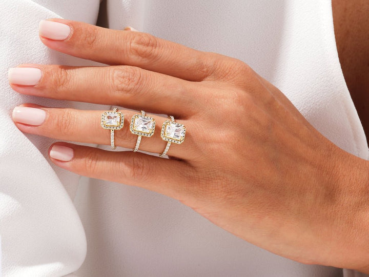 Radiant pave diamond engagement ring available in multiple metals