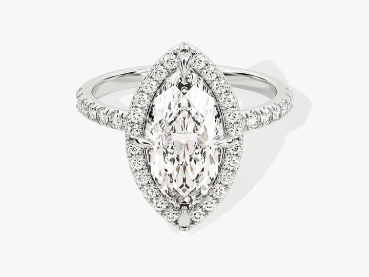 Marquise pave engagement ring shown on hand for true-to-life sizing