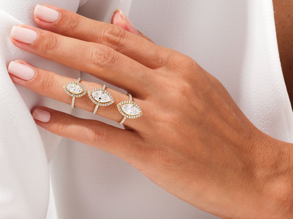 Marquise pave lab grown diamond ring fitted on finger