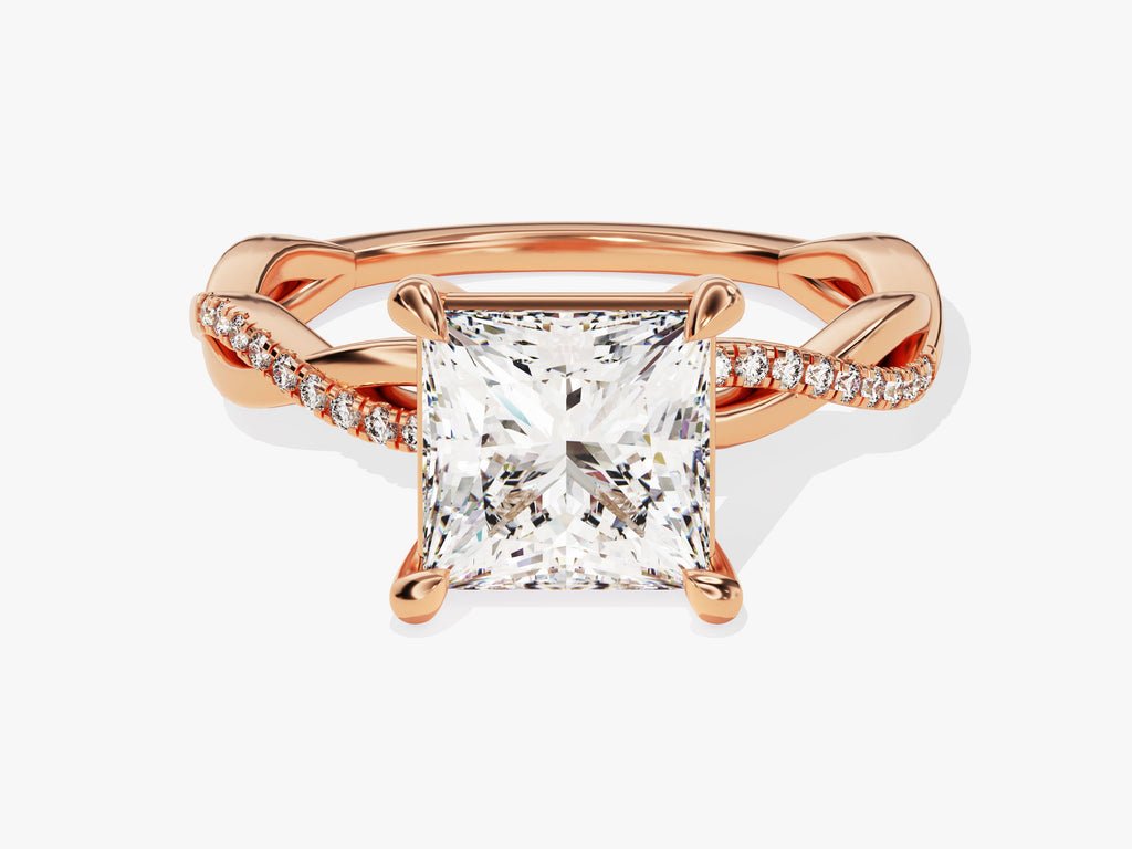 Princess pave diamond ring displayed on jewelry stand