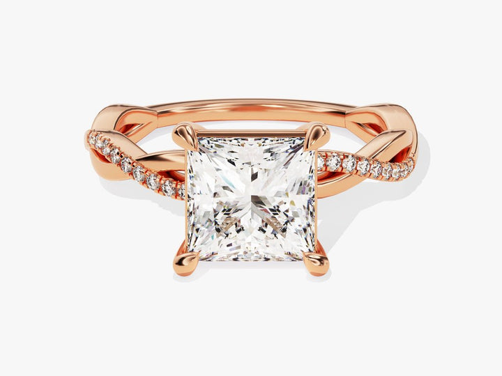 Princess pave diamond ring displayed on jewelry stand