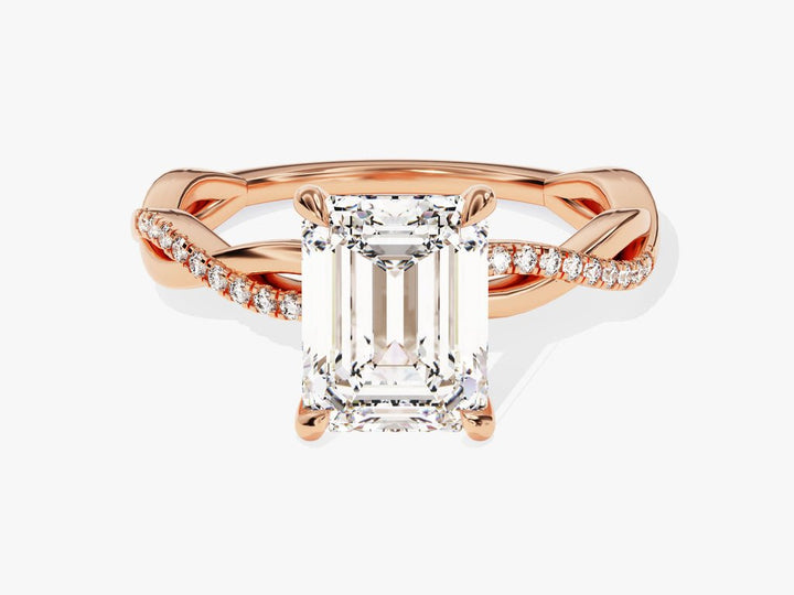 Profile view of emerald cut solitaire engagement ring band