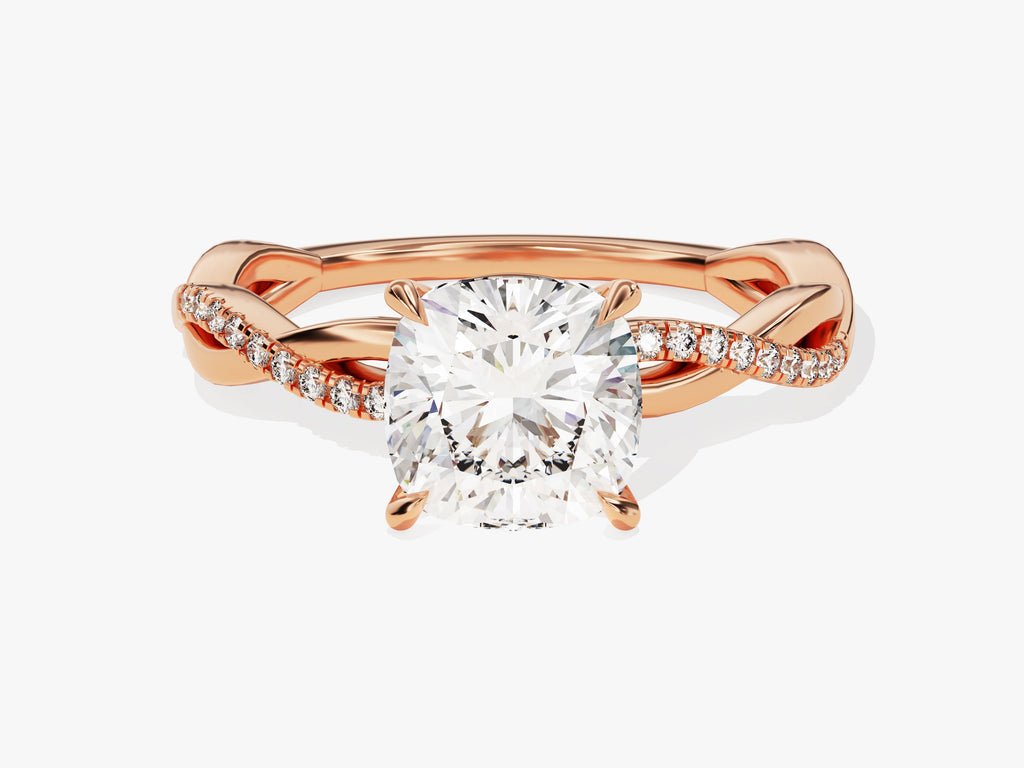 Cushion solitaire lab grown diamond ring side profile in gold setting