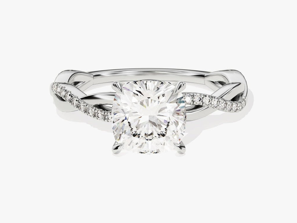 Detailed close-up of cushion solitaire diamond engagement ring