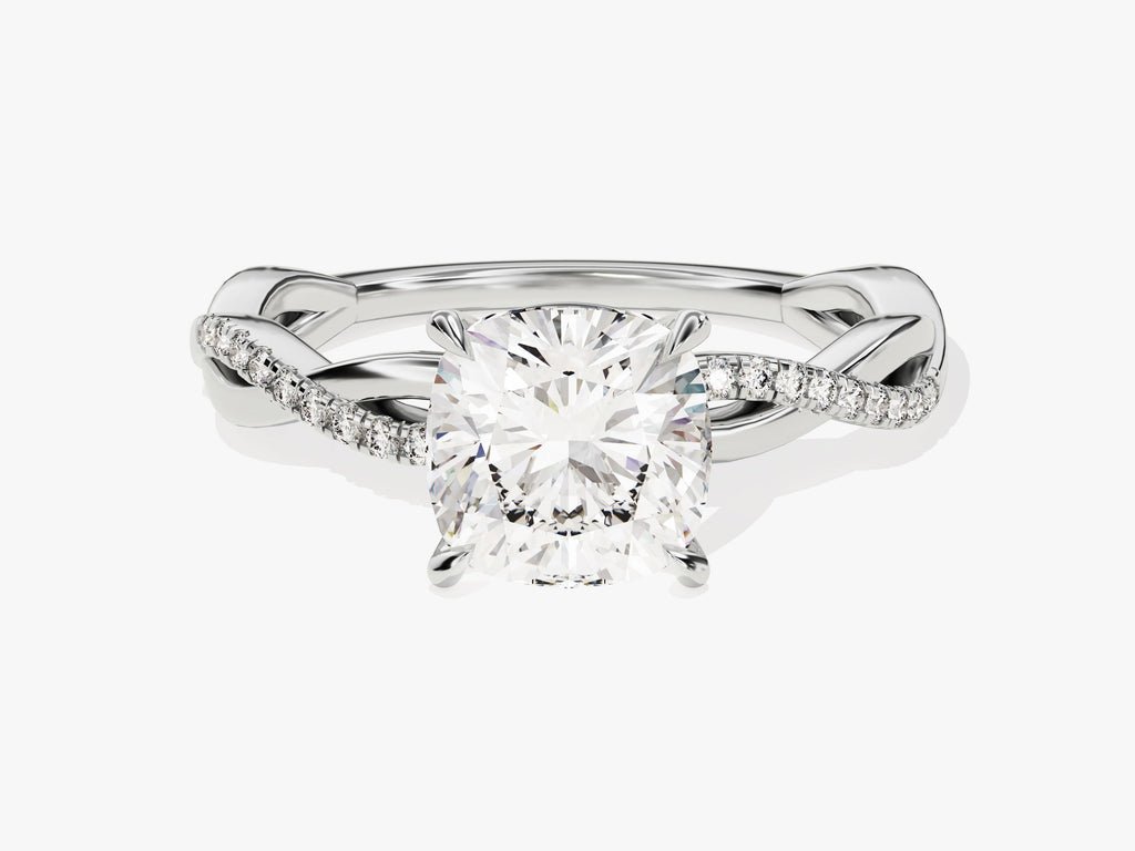Detailed close-up of cushion solitaire diamond engagement ring