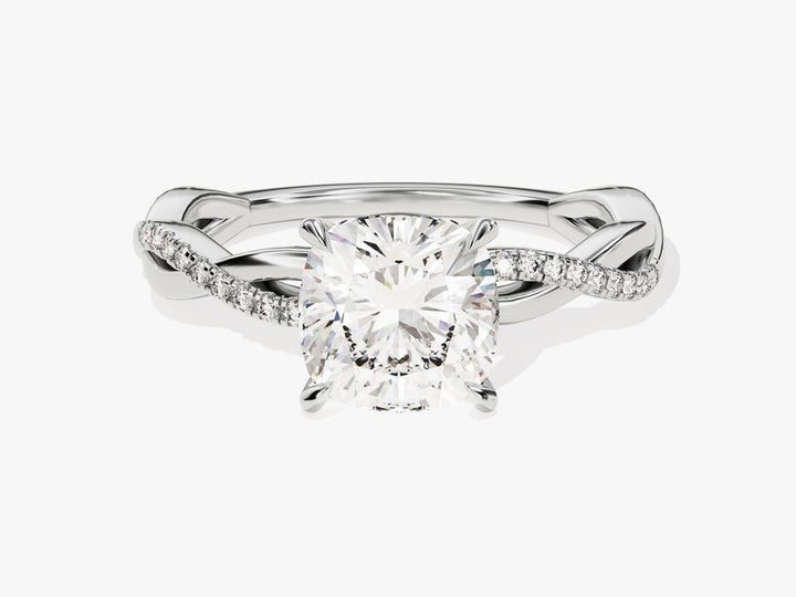 Detailed close-up of cushion solitaire diamond engagement ring