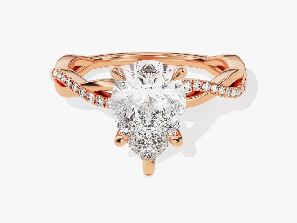 Pear cut engagement ring side view showing band detail