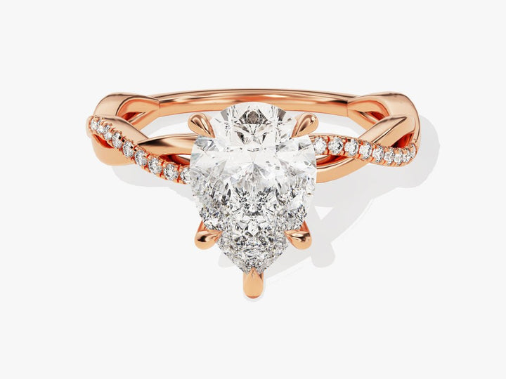 Pear cut engagement ring side view showing band detail