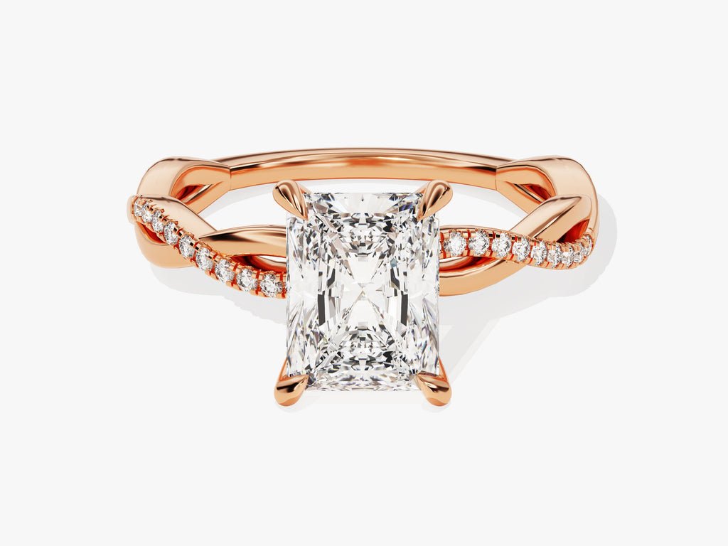 Radiant pave engagement ring close-up showing high clarity diamond clarity