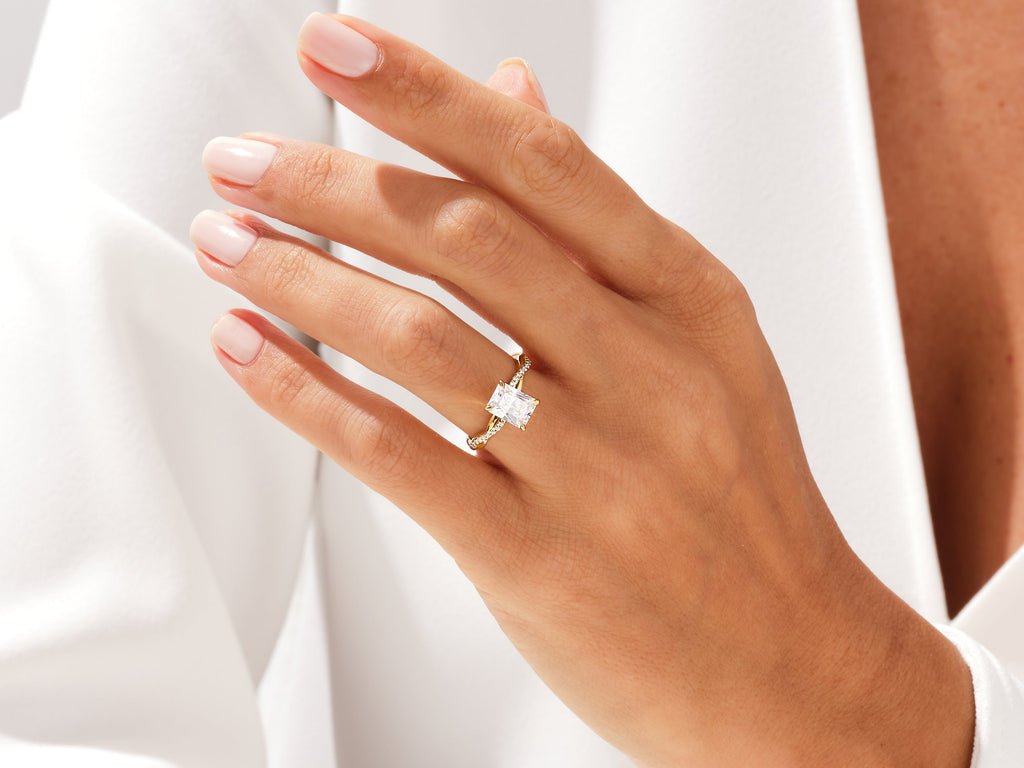 Radiant pave lab grown diamond ring side profile in gold setting