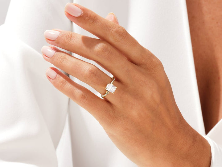 Radiant pave lab grown diamond ring side profile in gold setting