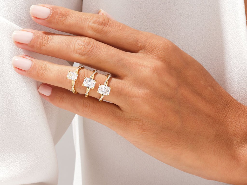 Radiant pave engagement ring close-up highlighting diamond sparkle