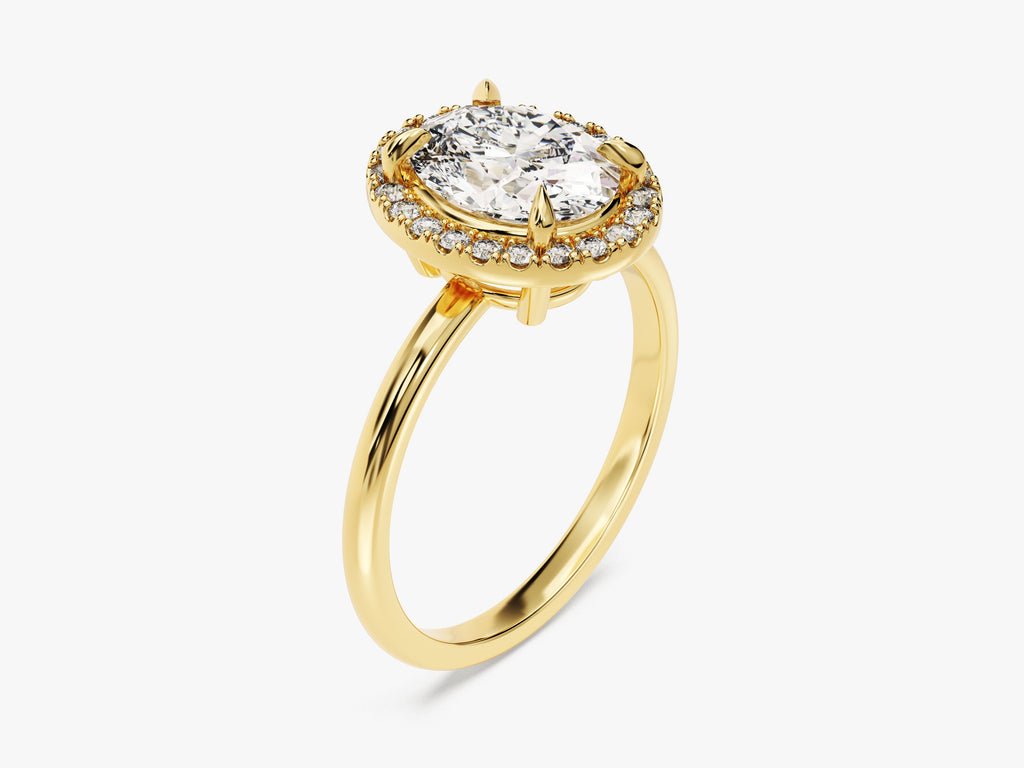 Detailed close-up of oval halo diamond engagement ring