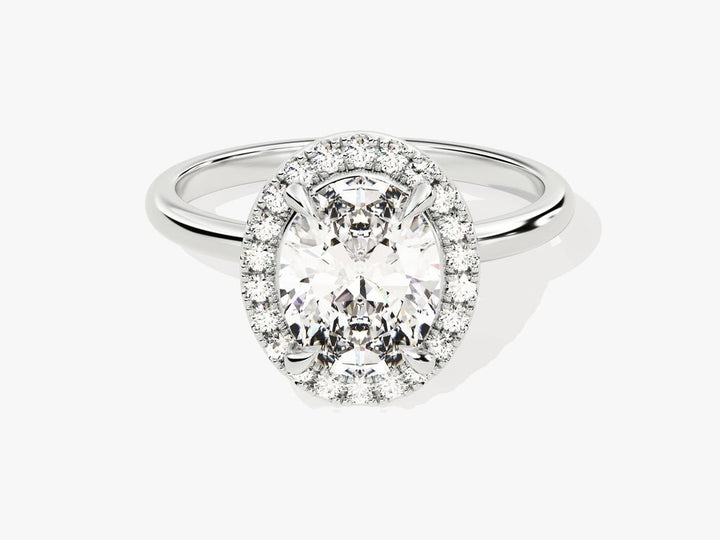 Oval halo engagement ring close-up highlighting diamond sparkle