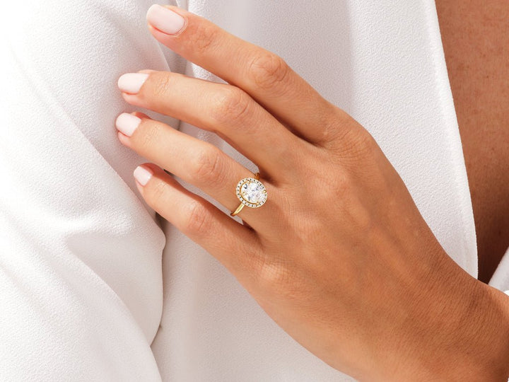 Oval cut engagement ring side view showing band detail