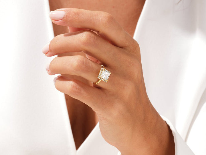 Princess halo lab grown diamond ring in jewelry gift box