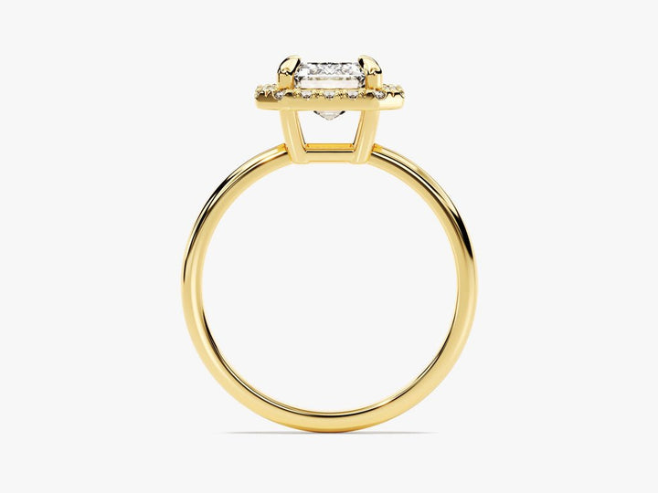 Certified emerald cut diamond featured in halo engagement ring