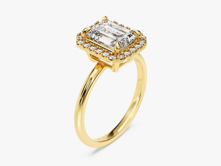 Emerald halo ring set with an IGI graded diamond