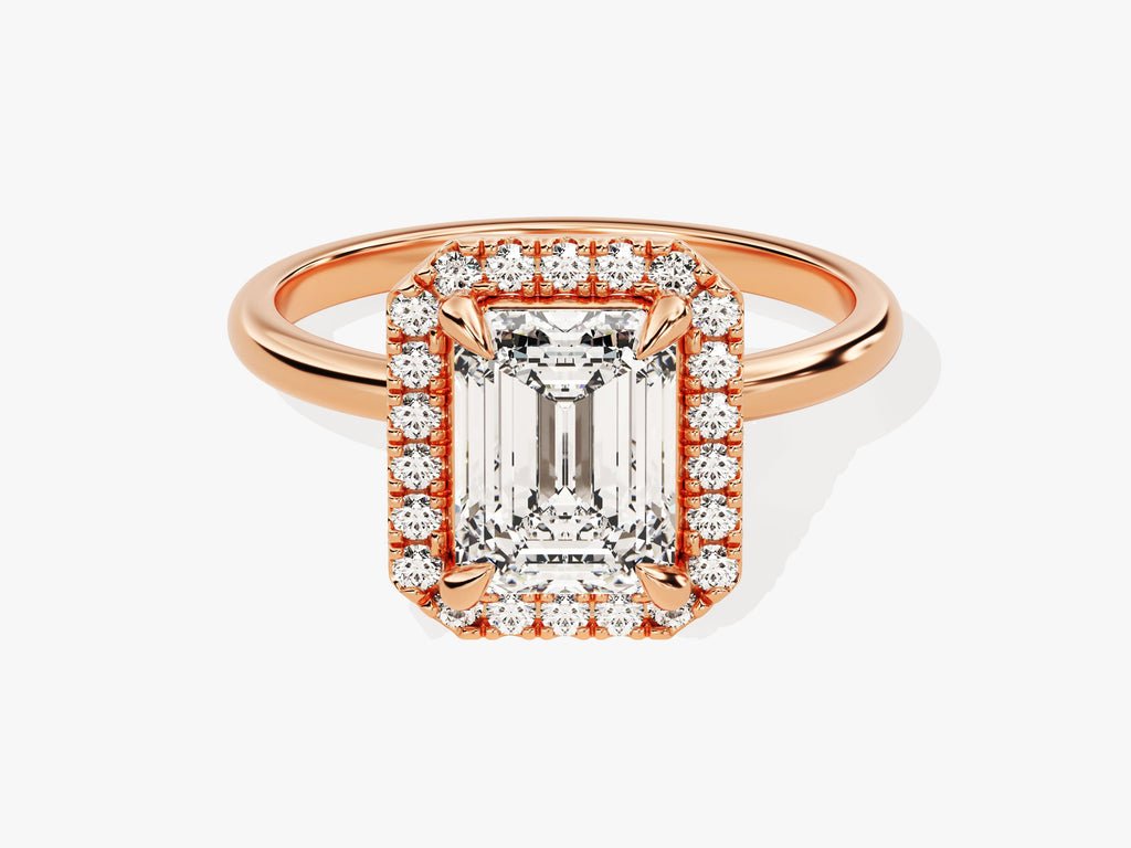 IGI certified emerald cut diamond in halo engagement ring setting
