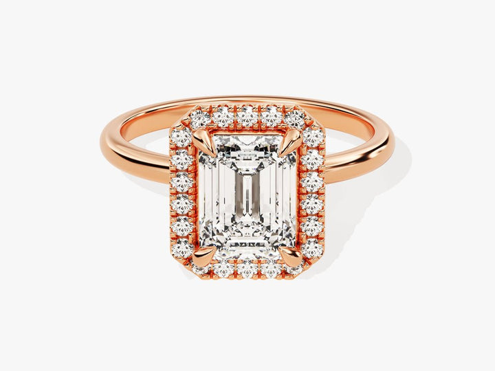 IGI certified emerald cut diamond in halo engagement ring setting