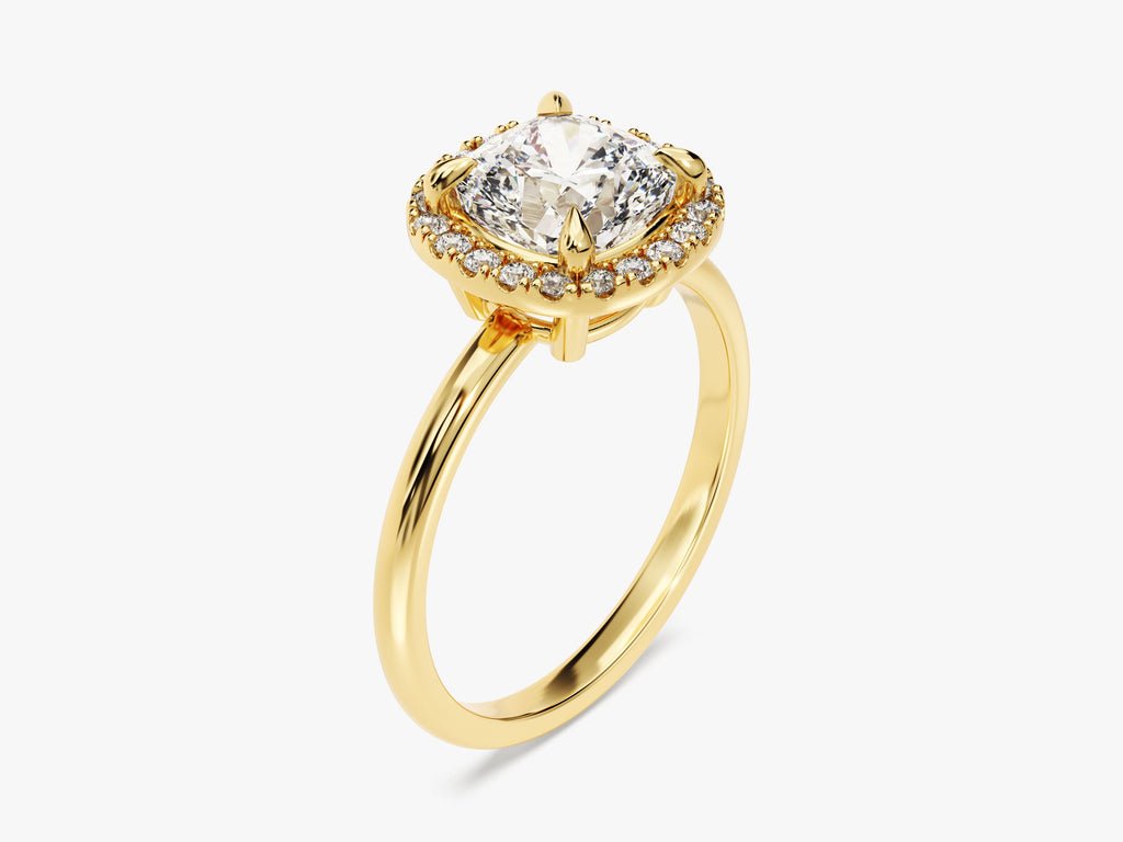 IGI certified cushion cut diamond in halo engagement ring setting