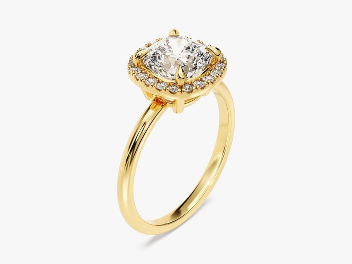 IGI certified cushion cut diamond in halo engagement ring setting