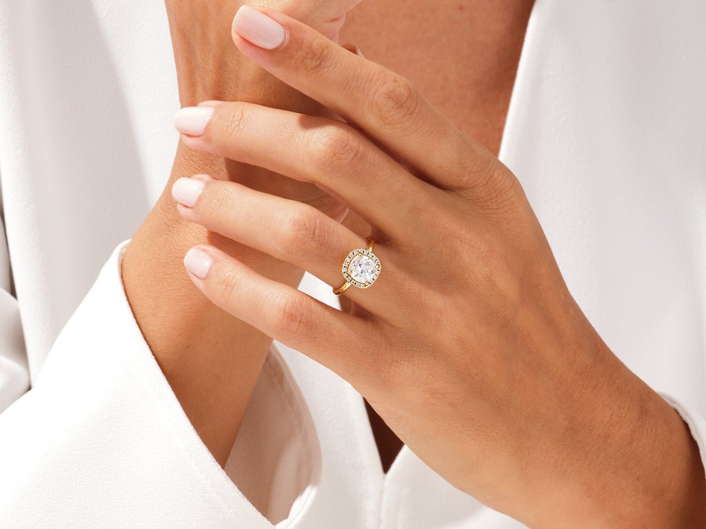 Cushion halo engagement ring with certified lab grown diamond