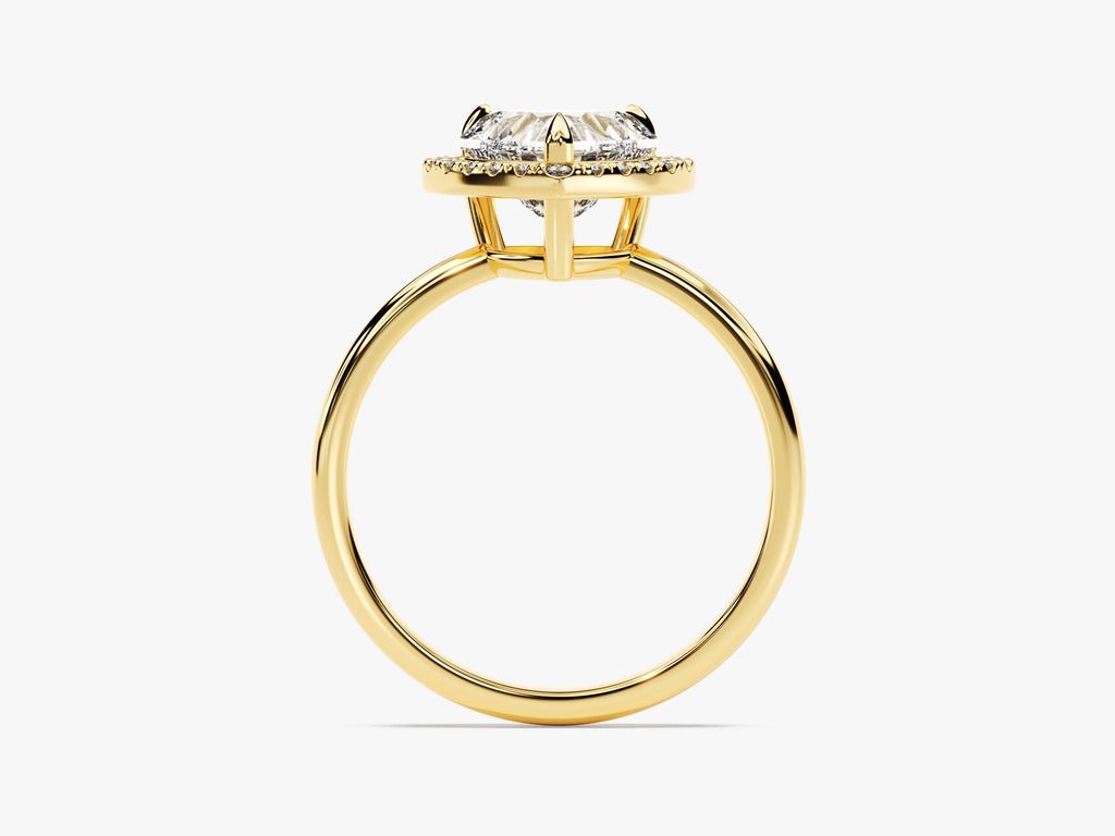 Certified heart cut diamond featured in halo engagement ring