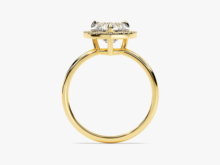 Certified heart cut diamond featured in halo engagement ring