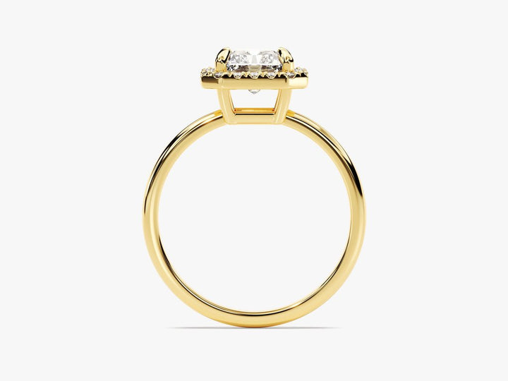 Lifestyle shot of radiant halo diamond ring on hand