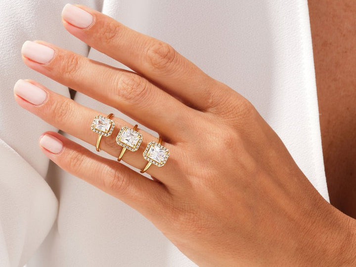 Radiant halo lab grown diamond ring fitted on finger