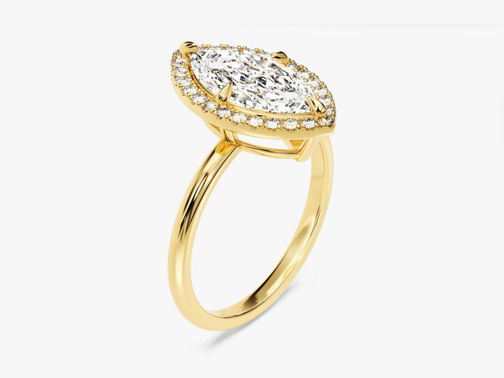 Top-down view of marquise cut halo engagement ring