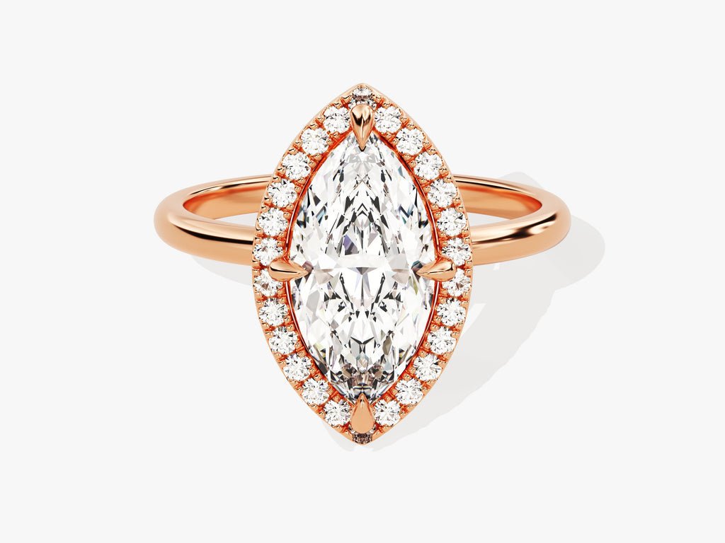 Fine craftsmanship detail on marquise halo engagement ring