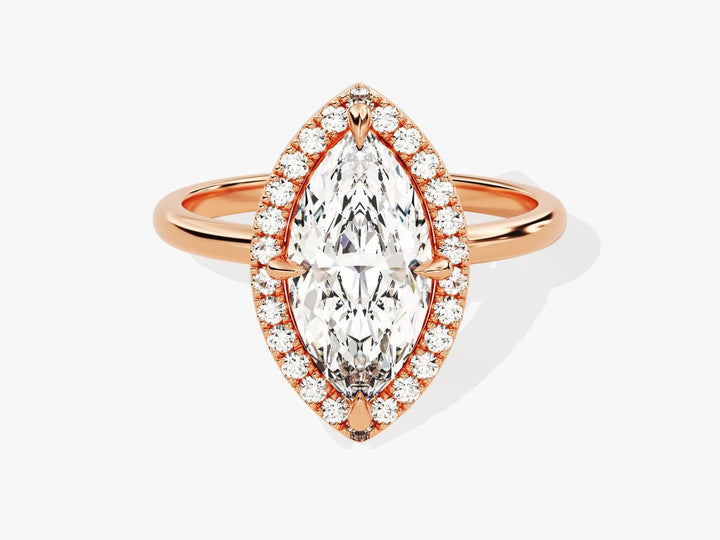 Fine craftsmanship detail on marquise halo engagement ring