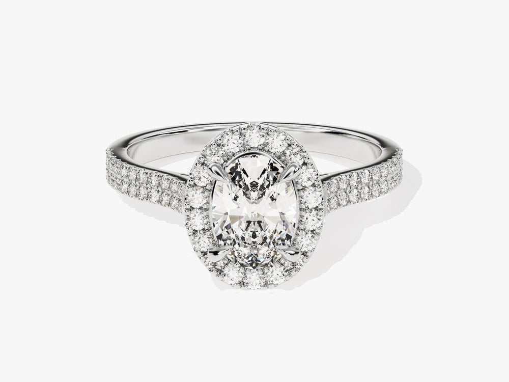 IGI certified oval cut diamond in pave engagement ring setting