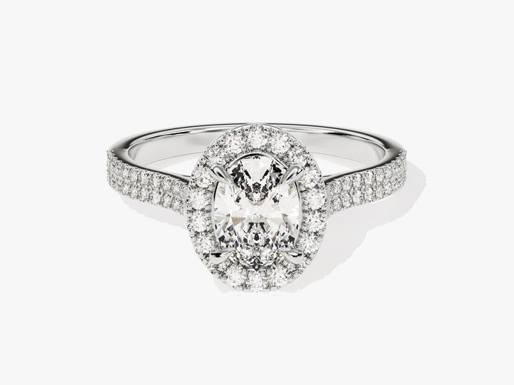IGI certified oval cut diamond in pave engagement ring setting