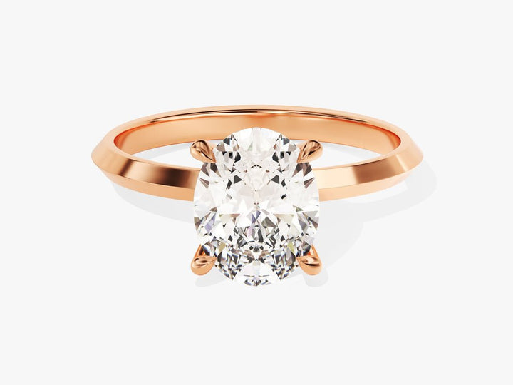 Oval solitaire lab grown diamond ring side profile in gold setting