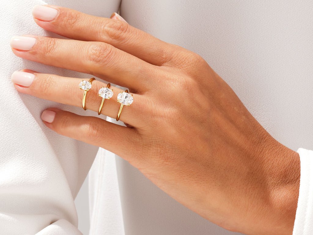 Oval cut engagement ring side view showing band detail