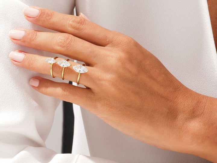 Angled view of marquise cut diamond in solitaire setting