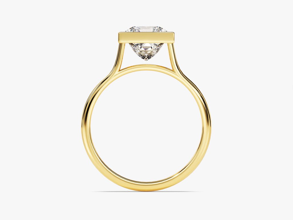 Detailed close-up of princess bezel diamond engagement ring