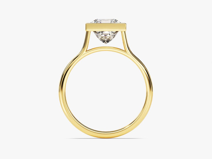Detailed close-up of princess bezel diamond engagement ring