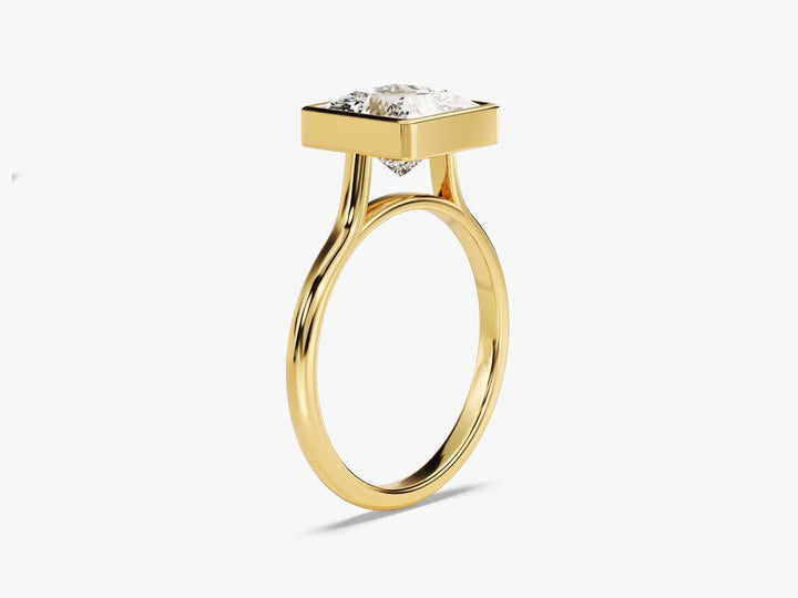 Princess bezel lab grown diamond ring side profile in gold setting