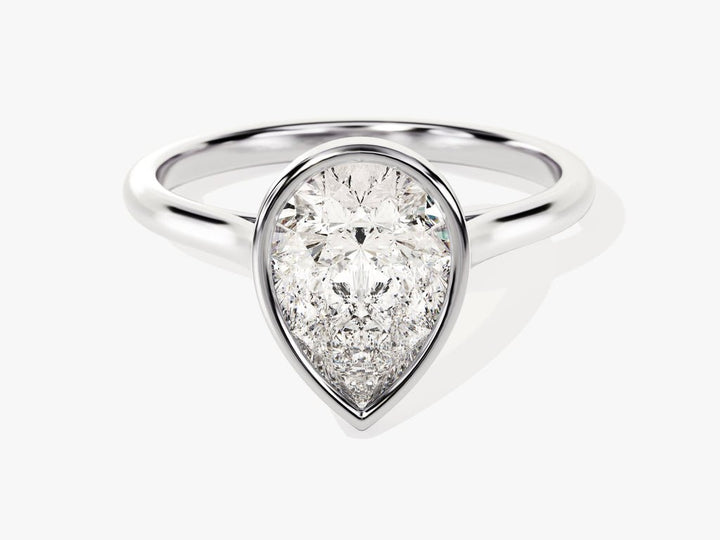IGI certified pear cut diamond in bezel engagement ring setting