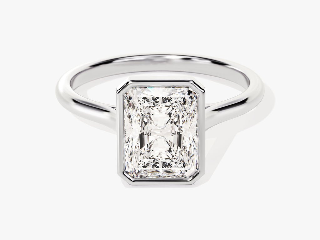 IGI certified radiant cut diamond in bezel engagement ring setting