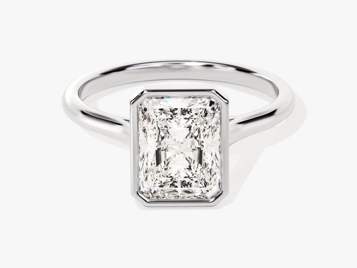 IGI certified radiant cut diamond in bezel engagement ring setting